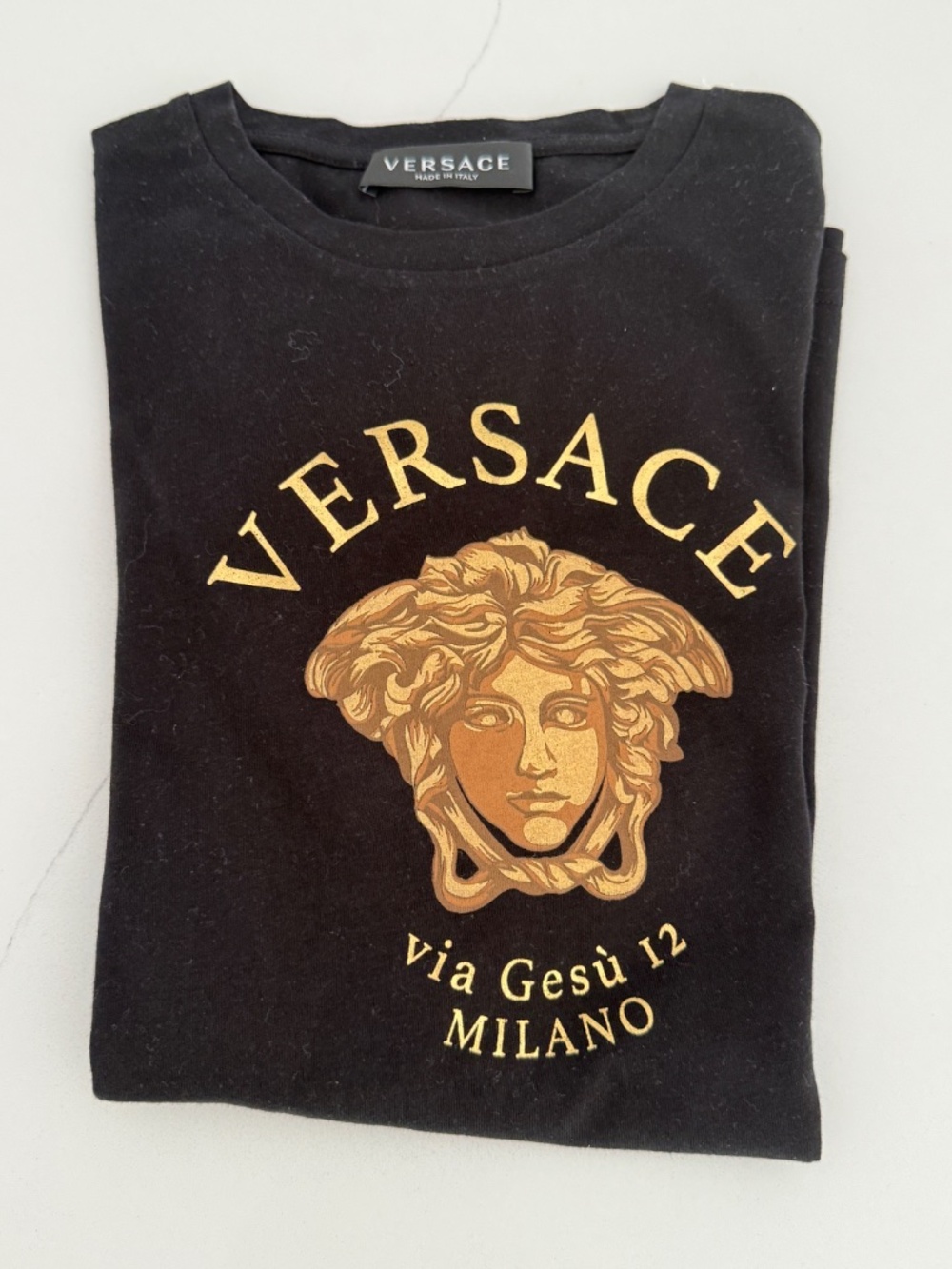 Versace Girls Black Short Sleeve Designer Printed Medusa Logo Tee Shirt Sz 14